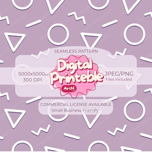 May include: Seamless pattern design with white geometric shapes on a lavender background. The design includes triangles, circles, and zigzags. The image also contains the text "Digital Printable" and "Commercial License Available".
