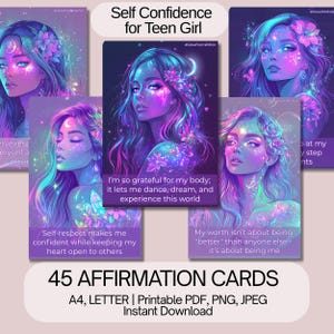 Puede incluir: Un conjunto de 45 tarjetas de afirmación para adolescentes. Cada tarjeta presenta una ilustración digital de una mujer con cabello largo, flores y una luna. Las tarjetas contienen afirmaciones como "Estoy muy agradecida por mi cuerpo" y "El respeto propio me hace sentir segura."