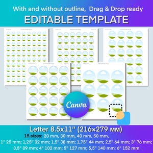 May include: A digital template with a landscape design in a bubble shape, available in multiple sizes. The template is designed for use with Canva and is ready for drag-and-drop customization. The text on the image says "Editable Template" and lists the sizes in inches and millimeters.