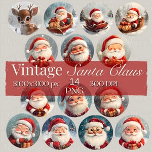 May include: A collection of 14 vintage Santa Claus illustrations in a circular design. Each Santa is depicted in a red suit and hat, with a white beard, and some are holding gifts. The image also includes a deer illustration.