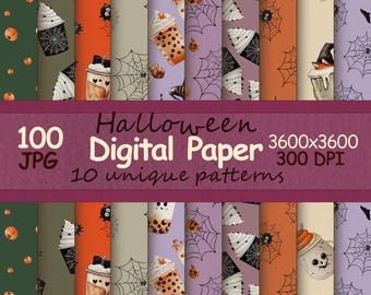 Halloween Digital Paper Pack: Ghost, Pumpkin, Coffee (100 JPG, Seamless)