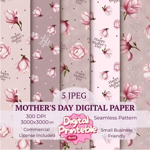 Op de afbeelding: Digitale papier set voor Moederdag. Het ontwerp heeft een naadloos patroon van roze magnoliabloemen en de tekst "Happy Mother's Day" op een lichtroze en mauve achtergrond. Inclusief commerciële licentie.