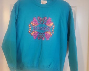 Sweat-shirt Guess en mailles vintage des années 90 ras du cou turquoise fabriqué aux États-Unis taille unique