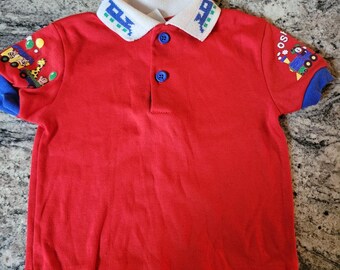 Vintage OshKosh Polo Shirt 12M Colorful Animals Red Train USA Made