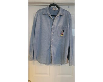 vintage Disney Store Chemise boutonnée en jean Mickey Mouse grande taille brodée pour homme