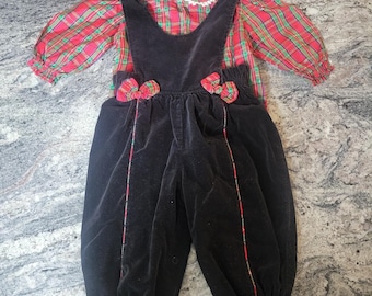 Vintage Tiny Tots Original Size 12 Months Black Velvet Plaid Outfit Shirt