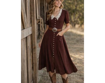Robe vintage Just Choon Taille 11, Marron, Boutons sur le devant, Laçage dans le dos, Sans ceinture