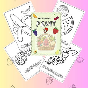 Digital Download Fruit Colouring Book with 20 pages of different fruits to colour.