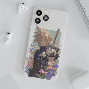 FFVII Fan Art, Cloud Flower CLEAR flexi phone case for iPhone 11-15, Samsung Galaxy 10-23 Ultra, Pro Max, gift for gamers, Final Fantasy