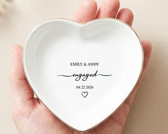Personalized Engagement Ring Dish, Custom Wedding Ring Holder with Names and Date, Ceramic Jewelry Tray, Bridal Shower Gift for Bride