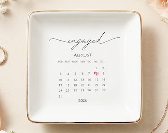 Personalized Engagement Calendar Jewelry Dish, Custom Date Ring Dish, Bridal Shower Gift, Engagement Keepsake