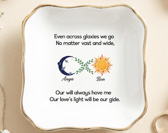 Custom Couple Jewelry Dish, Long Distance Relationship Gift, Personalized Ring Holder, Sun Moon Trinket Dish, Romantic Gift for Girlfriend
