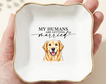 Custom Dog Wedding Ring Dish, Personalized Pet Jewelry Tray, Gold Rimmed Keepsake, Engagement Gift for Pet Lovers