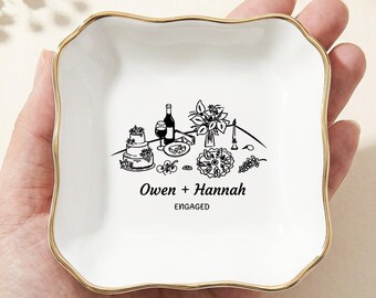 Personalized Ceramic Ring Dish for Couple, Custom Name and Date Trinket Tray, Engagement Gift, Bride Gift, Anniversary Gift