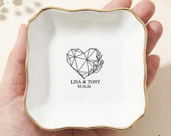 Minimalist Geometric Heart Jewelry Dish, Personalized Couple Wedding Tray, Gold Rimmed Anniversary Ring Holder, Newlywed Keepsake Gift