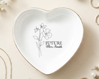 Future Mrs Jewelry Dish with Last Name, Personalized Wedding Ring Holder, Gold Rim Heart Trinket Tray, Bride Gift for Bridal Shower