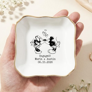 Personalized Mickey Minnie Engaged Ring Dish, Custom Name Ceramic Trinket Tray, Gold Rimmed Disney Jewelry Holder, Engagement Keepsake Gift image 5