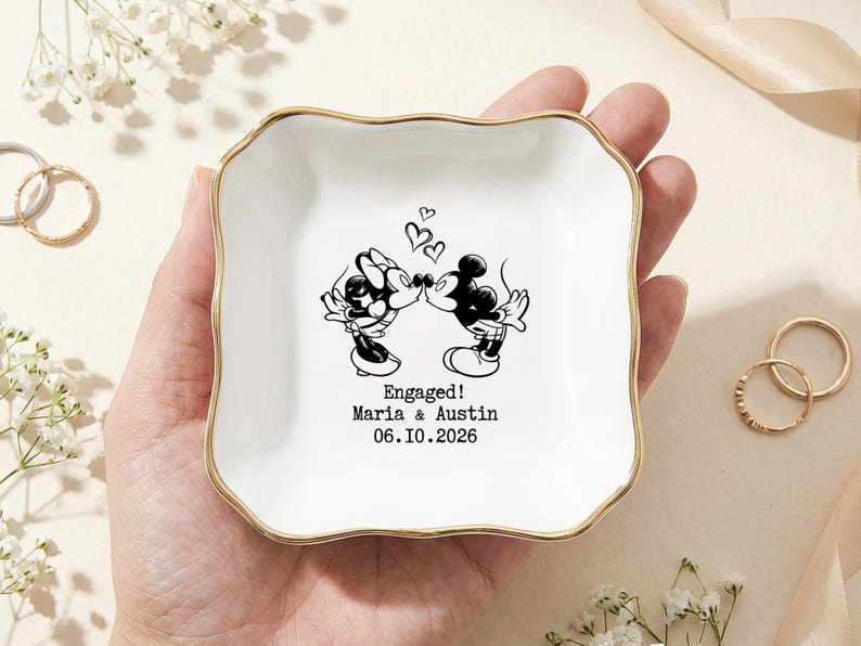 Personalized Mickey Minnie Engaged Ring Dish, Custom Name Ceramic Trinket Tray, Gold Rimmed Disney Jewelry Holder, Engagement Keepsake Gift image 5
