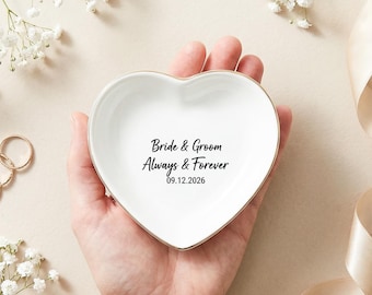 Custom Wedding Date Heart Ceramic Ring Dish, Always & Forever Quote Tray, Elegant Bridal Shower Favor
