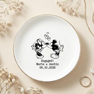 Personalized Mickey Minnie Engaged Ring Dish, Custom Name Ceramic Trinket Tray, Gold Rimmed Disney Jewelry Holder, Engagement Keepsake Gift image 4