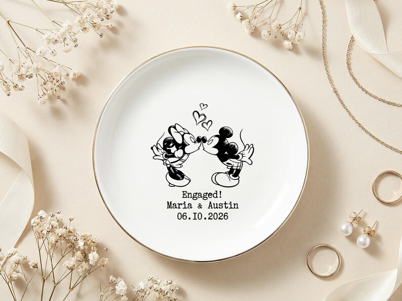 Personalized Mickey Minnie Engaged Ring Dish, Custom Name Ceramic Trinket Tray, Gold Rimmed Disney Jewelry Holder, Engagement Keepsake Gift image 4