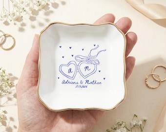 Personalized Couple Initials Jewelry Dish, Custom Names & Date Ring Tray, Wedding Engagement Keepsake, Bridal Shower Gift