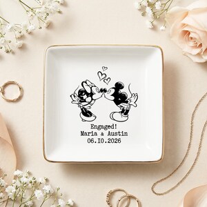 Personalized Mickey Minnie Engaged Ring Dish, Custom Name Ceramic Trinket Tray, Gold Rimmed Disney Jewelry Holder, Engagement Keepsake Gift image 3