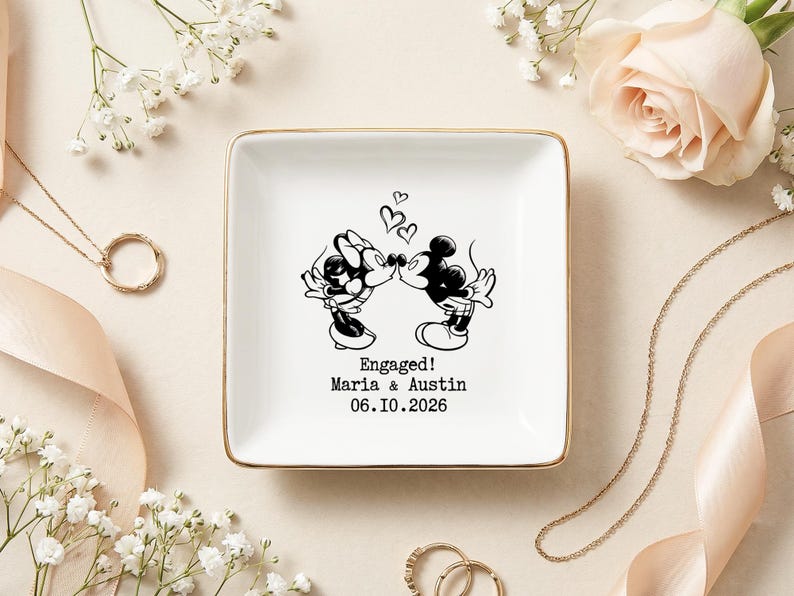 Personalized Mickey Minnie Engaged Ring Dish, Custom Name Ceramic Trinket Tray, Gold Rimmed Disney Jewelry Holder, Engagement Keepsake Gift image 3