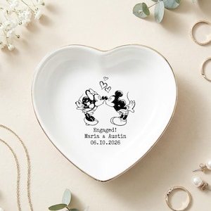 Personalized Mickey Minnie Engaged Ring Dish, Custom Name Ceramic Trinket Tray, Gold Rimmed Disney Jewelry Holder, Engagement Keepsake Gift image 2