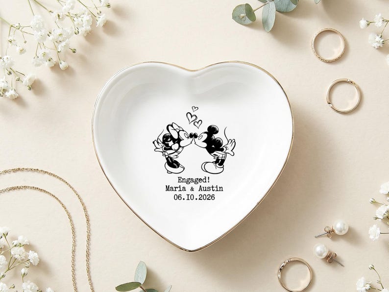 Personalized Mickey Minnie Engaged Ring Dish, Custom Name Ceramic Trinket Tray, Gold Rimmed Disney Jewelry Holder, Engagement Keepsake Gift image 2
