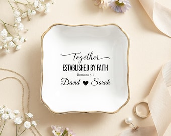 Custom Names Scripture Ceramic Ring Tray, Wavy Gold Edge Faith Quote Dish, Religious Bridal Shower Favor