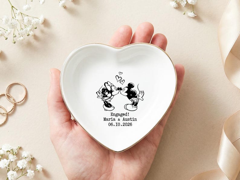 Personalized Mickey Minnie Engaged Ring Dish, Custom Name Ceramic Trinket Tray, Gold Rimmed Disney Jewelry Holder, Engagement Keepsake Gift image 1