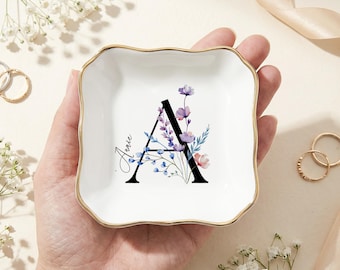 Personalized Floral Initial Jewelry Dish, Custom Name Monogram Ring Tray, Watercolor Flower Keepsake, Bridesmaid Gift