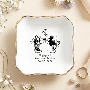 Personalized Mickey Minnie Engaged Ring Dish, Custom Name Ceramic Trinket Tray, Gold Rimmed Disney Jewelry Holder, Engagement Keepsake Gift image 6