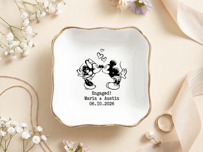 Personalized Mickey Minnie Engaged Ring Dish, Custom Name Ceramic Trinket Tray, Gold Rimmed Disney Jewelry Holder, Engagement Keepsake Gift image 6