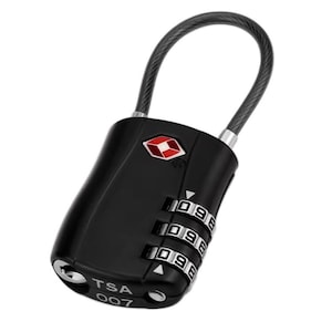 May include: Black TSA-approved combination lock with a flexible steel cable. The lock features three number dials and a red and white diamond-shaped logo. The text "TSA 007" is printed on the lock.