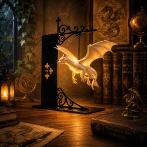 May include: A white dragon-shaped lamp suspended from a black metal stand with ornate scrollwork. The dragon is illuminated from within, casting a warm glow. The stand features a fleur-de-lis cutout and is positioned on a wooden surface.