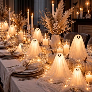May include: A dining table setting featuring multiple illuminated ghost-shaped decorations made of white fabric with black eyes. The table is decorated with white pumpkins, tall taper candles, glass candle holders, and dried floral arrangements.