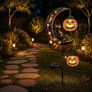 May include: A solar-powered garden stake featuring a crescent moon with star cutouts, a black cat figurine, and two hanging jack-o'-lantern lights. The metal structure is dark with a textured finish, and the pumpkins emit a warm orange glow.