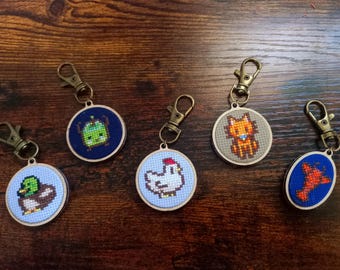 Handmade Cross Stitch Keychain – Pixel Art Farm Animal & Gamer Gift