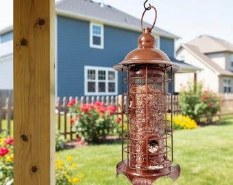 Antique Copper Hanging Bird Feeder: Metal Tube Seed Dispenser for Garden Decor