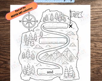 Coloriage de carte d'aventures pour les amis toujours à la recherche de nouvelles aventures, gif personnalisé pour meilleure amie, coloriage de couple, carte au trésor de voyage DIY