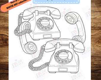 Coloriage meilleur ami, coloriage BFF conversation téléphonique, téléphones à cadran vintage pour les meilleurs amis qui ne manquent jamais de choses à dire, amitié pour enfants