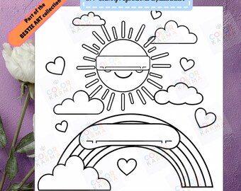 Coloriage soleil et arc-en-ciel pour BFF, joyeux soleil et arc-en-ciel pour les meilleurs amis qui apportent le soleil, meilleur ami à colorier pour adulte et enfant