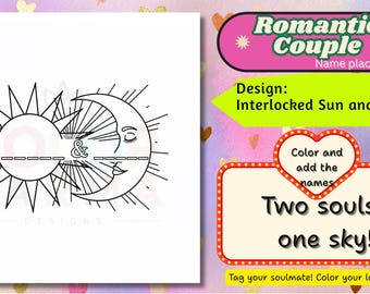 Soleil et lune imbriqués à colorier : activité de couple romantique (téléchargement numérique PDF et PNG)
