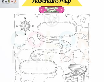 Coloriage carte aventure en couple : cadeau de voyage personnalisé (téléchargement numérique PDF et PNG)
