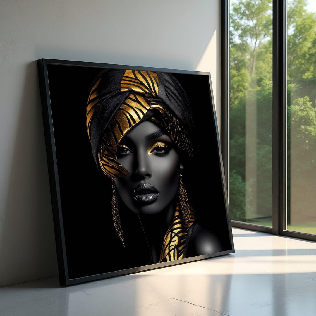Elegant African Woman Canvas Wall Art, Black and Gold Portrait, Ethnic ...