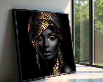 Elegant African Woman Canvas Wall Art, Black and Gold Portrait, Ethnic Fashion Decor, Modern Glamour Canvas Print, Luxury Wall Decoration