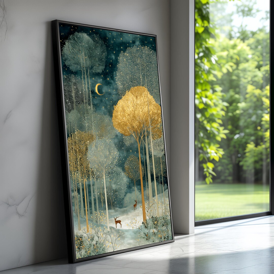 Enchanted Forest Night Scene Canvas, Golden Trees Wall Art, Moonlit ...