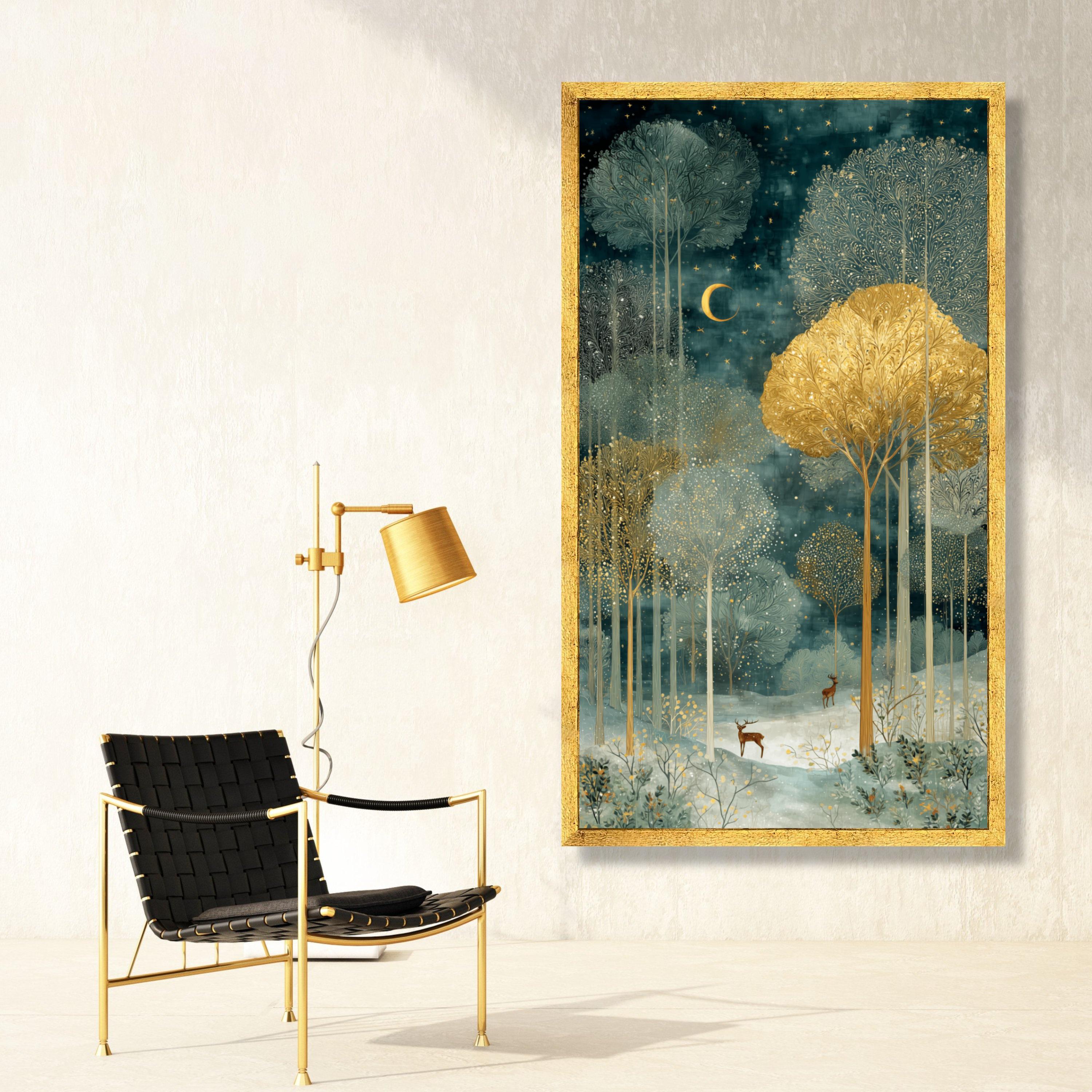 Enchanted Forest Night Scene Canvas, Golden Trees Wall Art, Moonlit ...